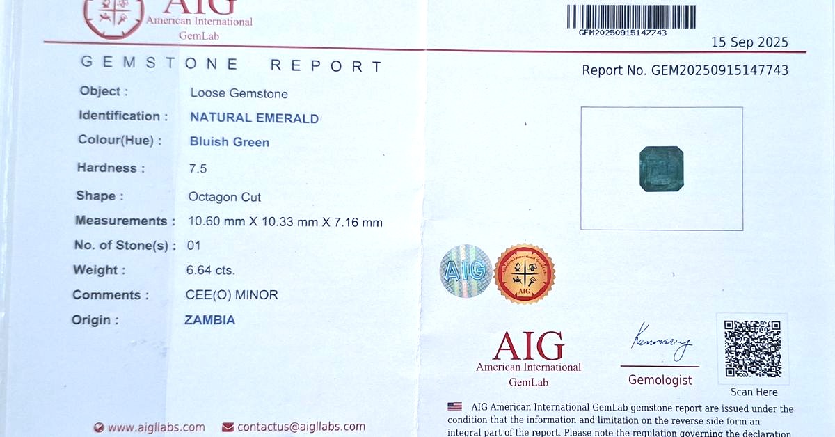 6.64 karátos nyolcsarkos forma prémium természetes smaragd drágakő Zambiából AIG certifikáttal (minor oil) - Image 3