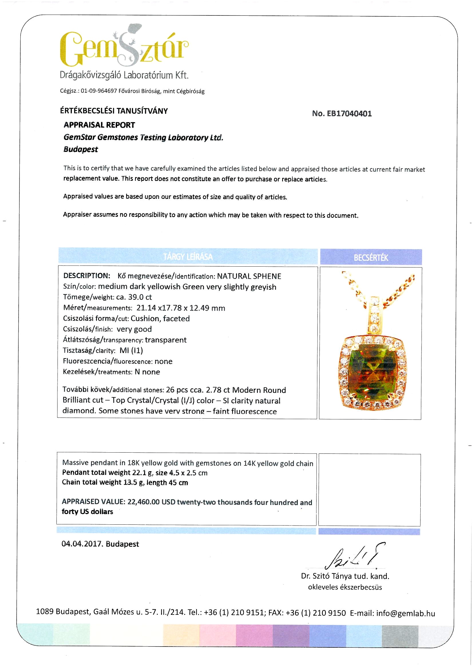 41.78 karátos prémium természetes madagaszkári titanit szfén és természetes gyémánt 18 karátos aranymedál certifikáttal - Image 9